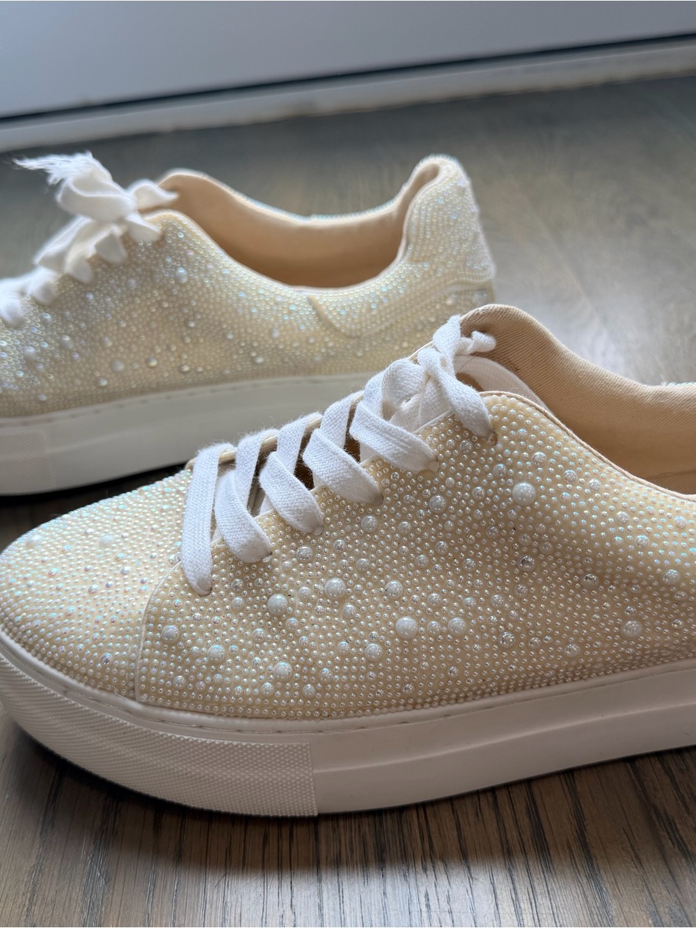 Betsy Kohnson Embellished white/ Cream Women's Lace-Up Sneakers with pearls - Picture 4 of 10